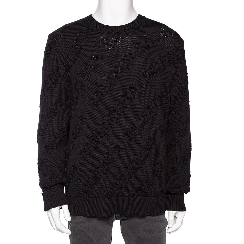 Balenciaga Black Logo Jacquard Cotton Oversized Sweater M Balenciaga Black Logo Jacquard Cotton Oversized Sweater M