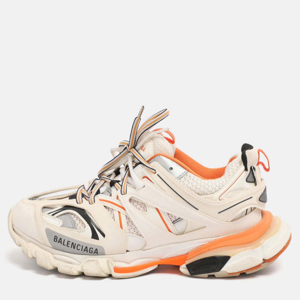 Balenciaga White/Orange Mesh and Faux Leather Track Low Top Sneakers Size 39 Balenciaga White/Orange Mesh and Faux Leather Track Low Top Sneakers Size 39