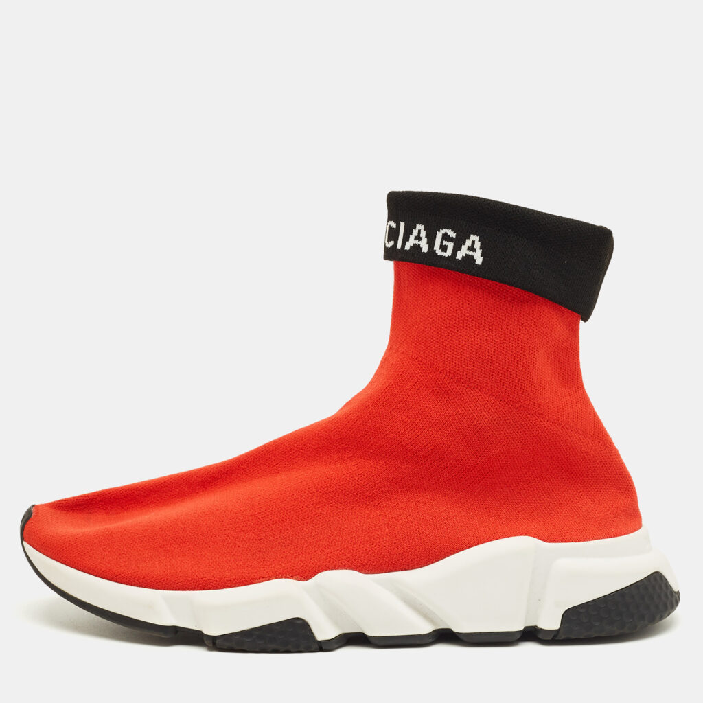 Balenciaga Red/Black Knit Fabric Speed Trainer Cuffed Sneakers Size 43