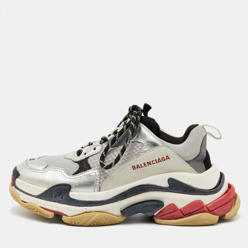 luxury-men-balenciaga-used-shoes-p1244816-001-1.jpg Balenciaga Grey/Silver Mesh and Faux Leather Triple S Lace Up Sneakers Size 40