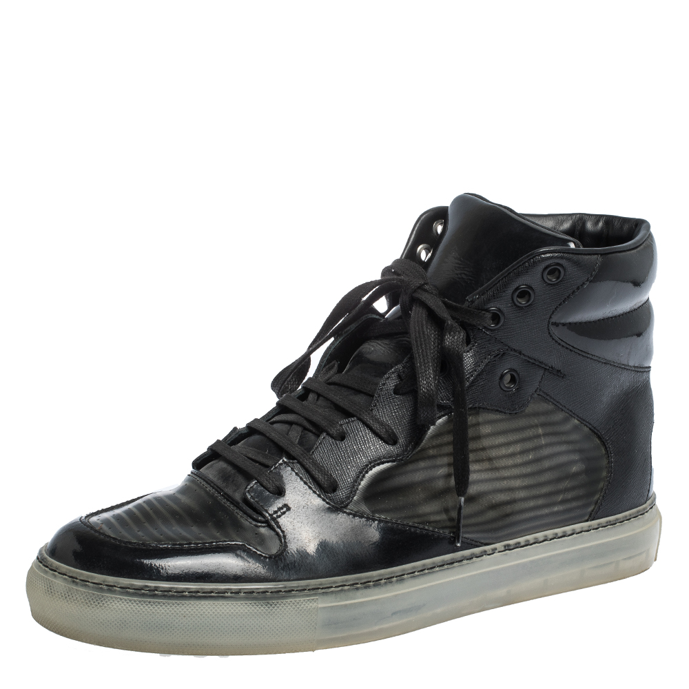 Balenciaga Black Leather and PVC Patchwork High Top Sneakers Size 41 Balenciaga Black Leather and PVC Patchwork High Top Sneakers Size 41