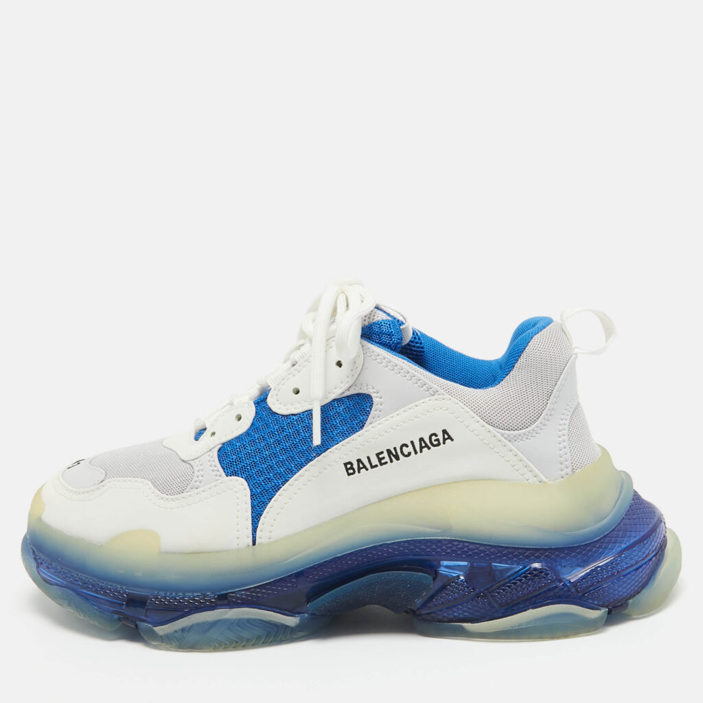 Balenciaga White/Blue Leather and Mesh Triple S Clear Sole Sneakers Size 41 Balenciaga White/Blue Leather and Mesh Triple S Clear Sole Sneakers Size 41