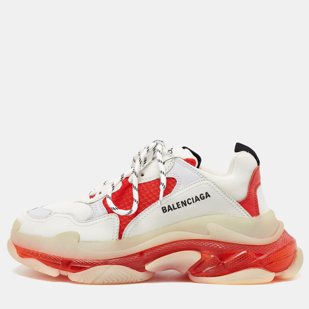 Balenciaga White/Red Leather and Mesh Triple S Clear Sole Sneakers Size 41 Balenciaga White/Red Leather and Mesh Triple S Clear Sole Sneakers Size 41