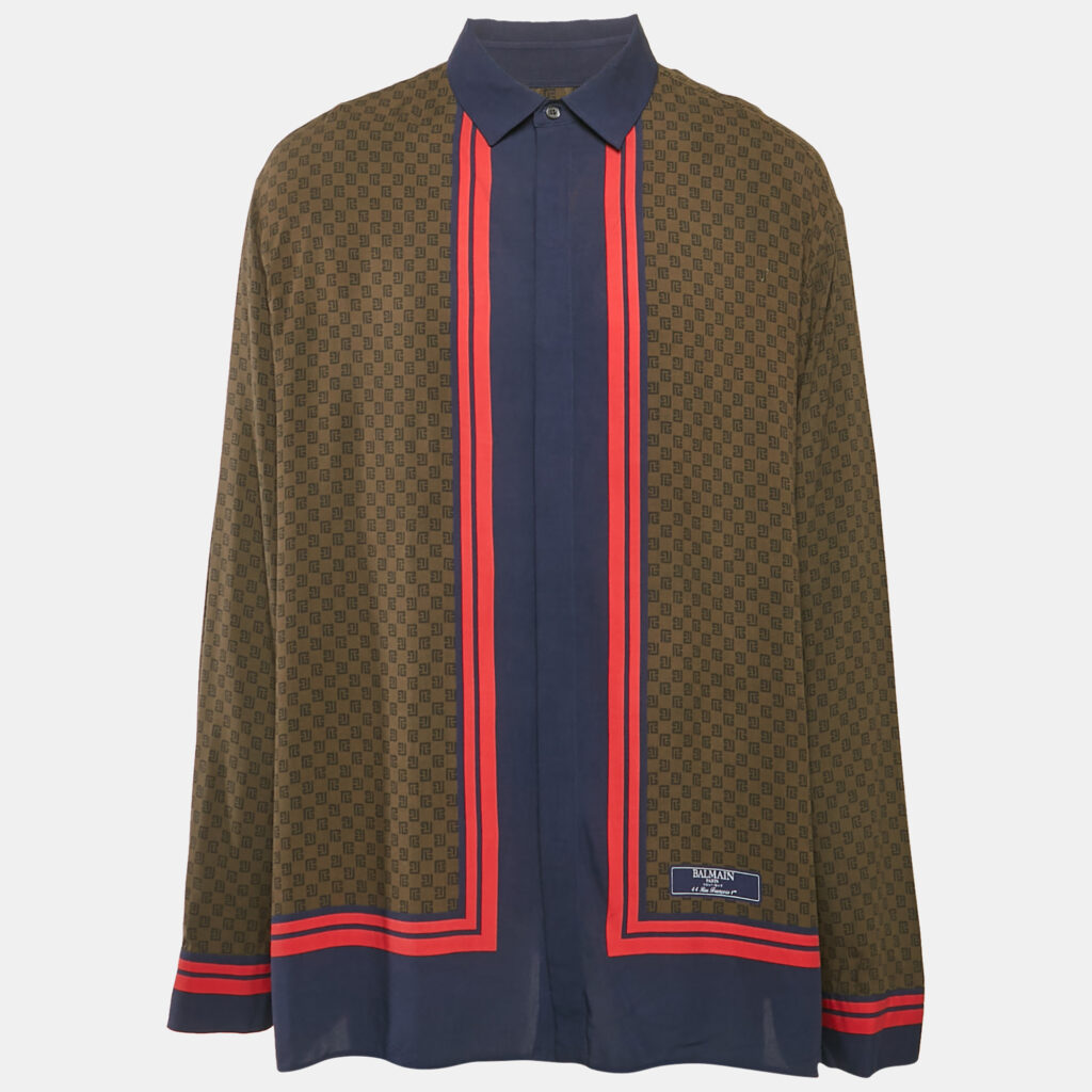 Balmain Brown Monogram Print Crepe Button Front Vacation Shirt XL Balmain Brown Monogram Print Crepe Button Front Vacation Shirt XL