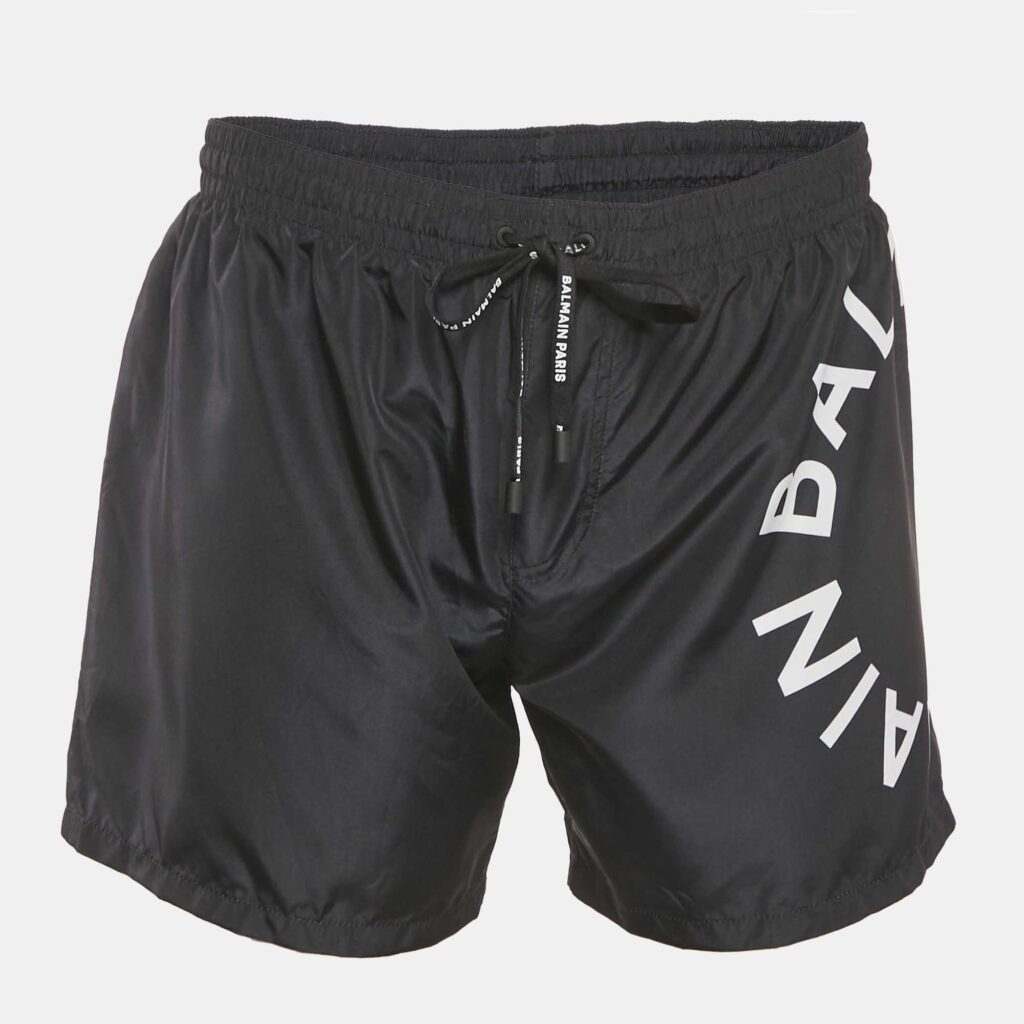 Balmain Black Logo Printed Synthetic Drawstring Swim Shorts L