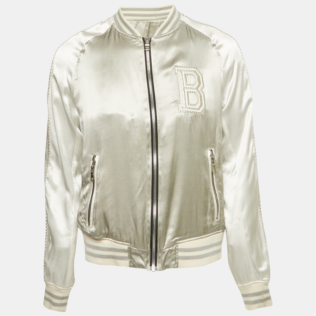 Balmain Grey Satin Bomber Jacket L Balmain Grey Satin Bomber Jacket L