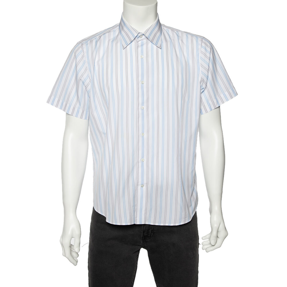 Balmain White Striped Cotton Short Sleeve Shirt L Balmain White Striped Cotton Short Sleeve Shirt L