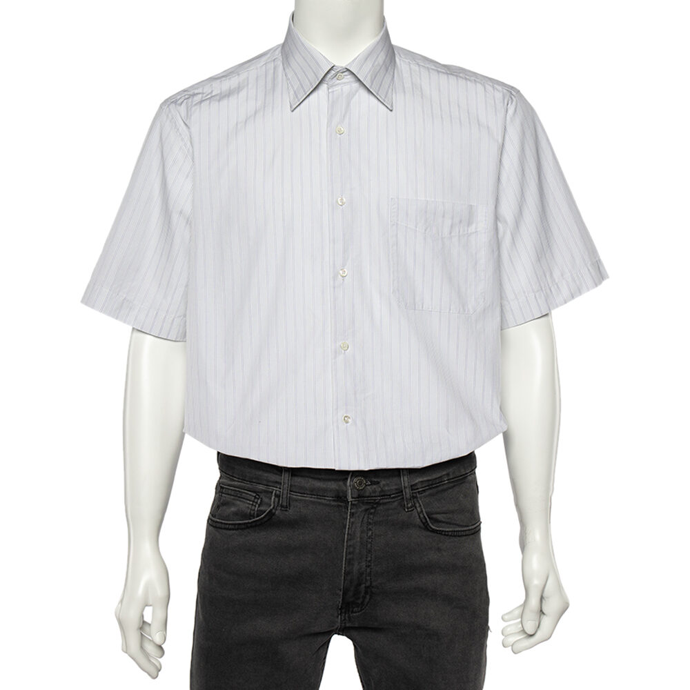 Balmain White Striped Cotton Short Sleeve Shirt L Balmain White Striped Cotton Short Sleeve Shirt L