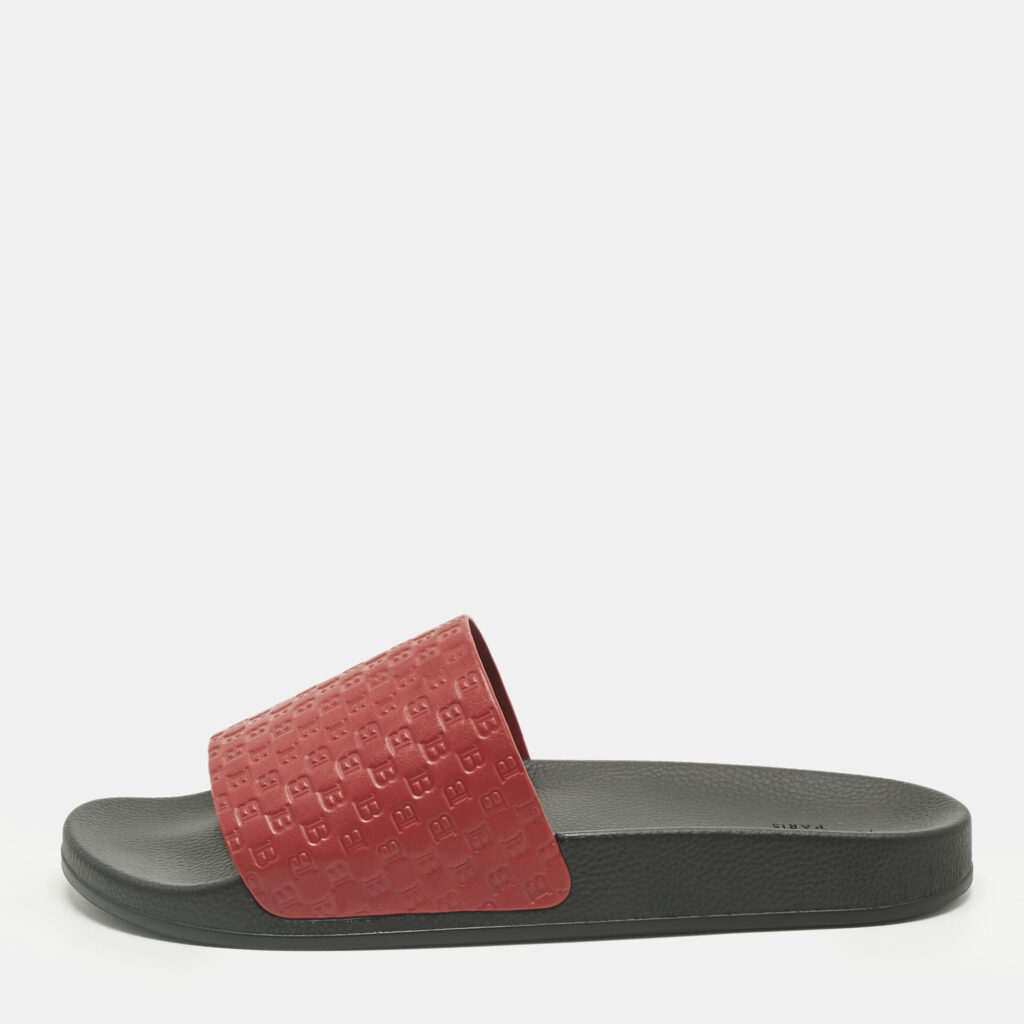 Balmain Red Monogram Embossed Leather Slide Sandals Size 44 Balmain Red Monogram Embossed Leather Slide Sandals Size 44