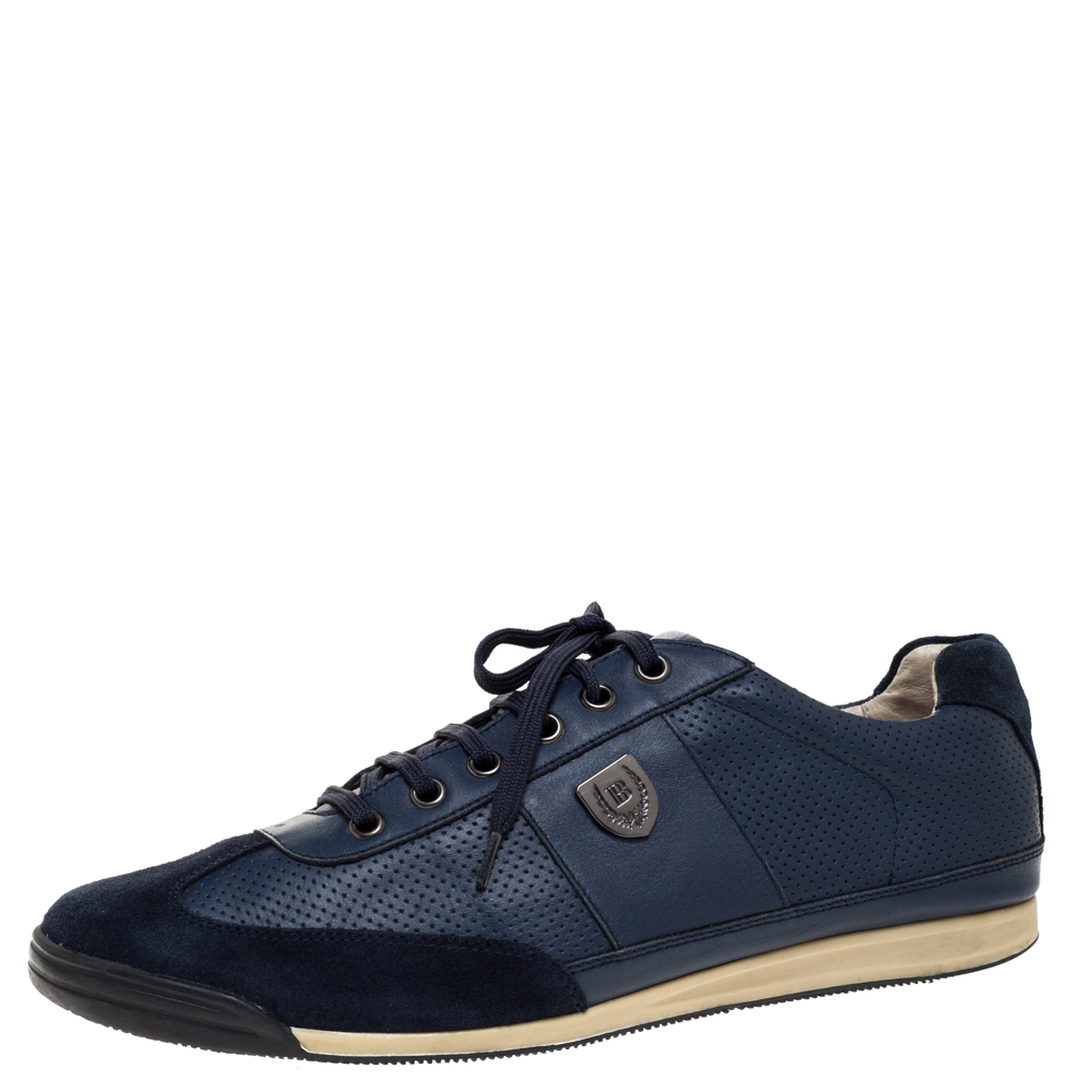 Balmain Blue Perforated Leather And Suede Lace Up Sneakers Size 43