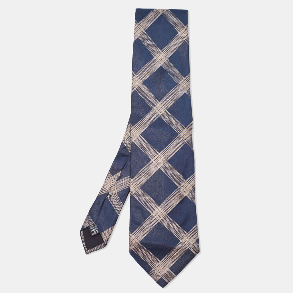 Boss By Hugo Boss Navy Blue Checked Silk Satin Tie Boss By Hugo Boss Navy Blue Checked Silk Satin Tie