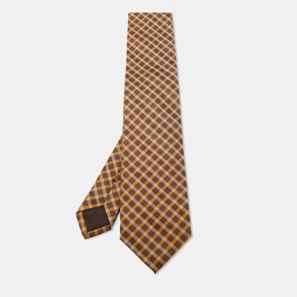 Boss by Hugo Boss Brown/Yellow Check Patterned Silk Tie Boss by Hugo Boss Brown/Yellow Check Patterned Silk Tie