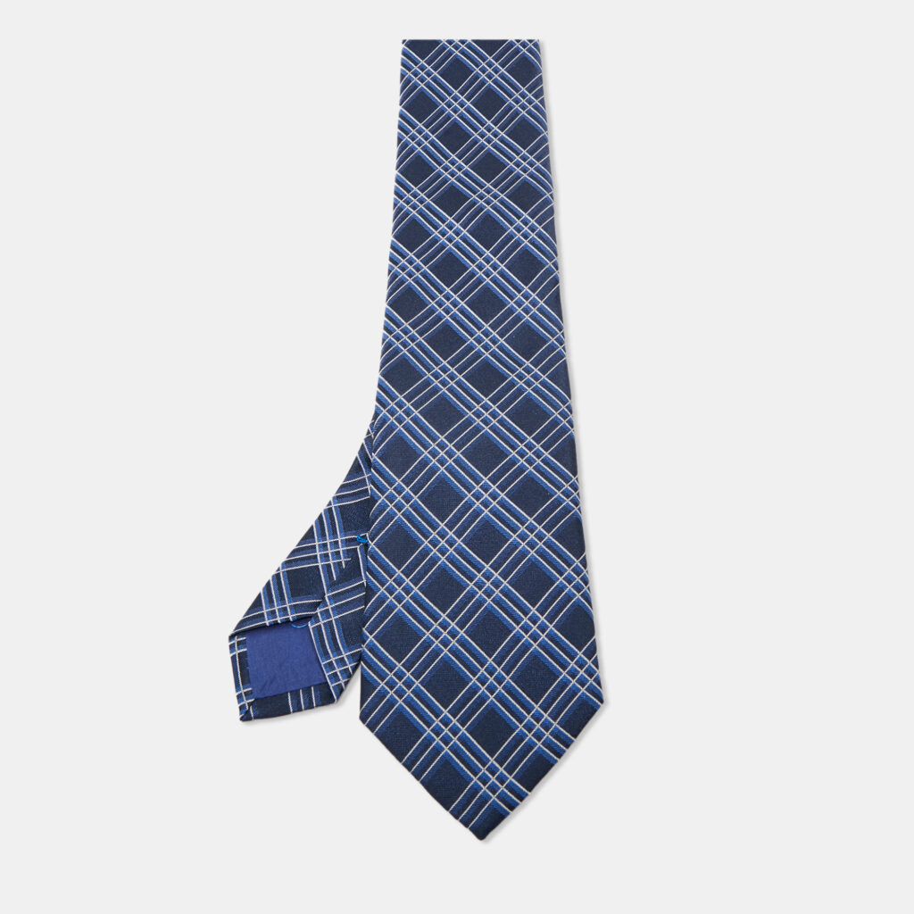 Boss by Hugo Boss Navy Blue Check Patterned Silk Tie Boss by Hugo Boss Navy Blue Check Patterned Silk Tie