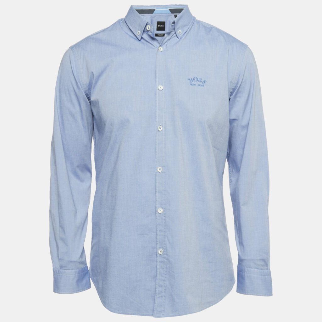 Boss Hugo Boss Blue Embroidered Logo Cotton Regular Fit Stretch Shirt L Boss Hugo Boss Blue Embroidered Logo Cotton Regular Fit Stretch Shirt L