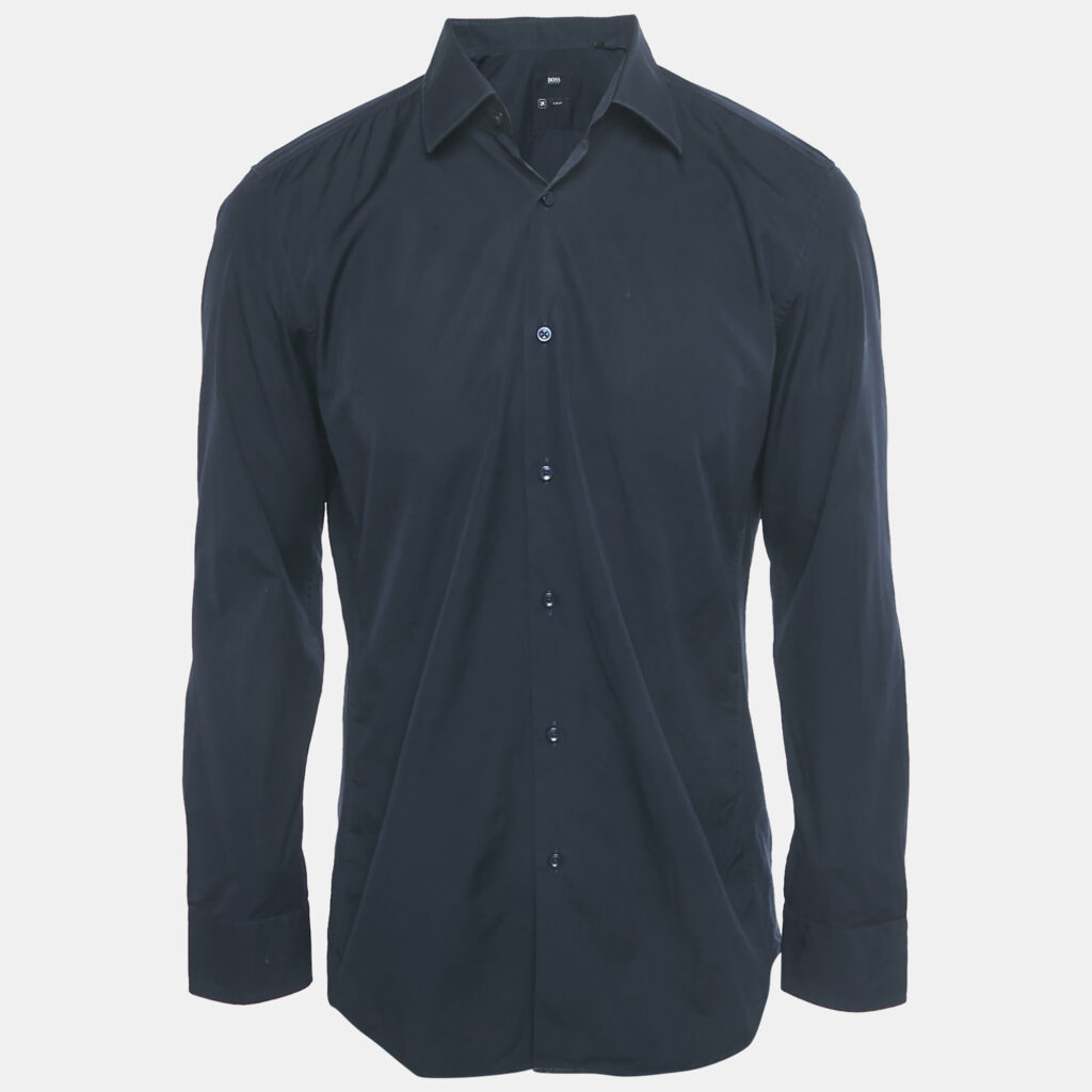 Boss By Hugo Boss Navy Blue Cotton and Knit Trim Slim Fit Shirt L Boss By Hugo Boss Navy Blue Cotton and Knit Trim Slim Fit Shirt L