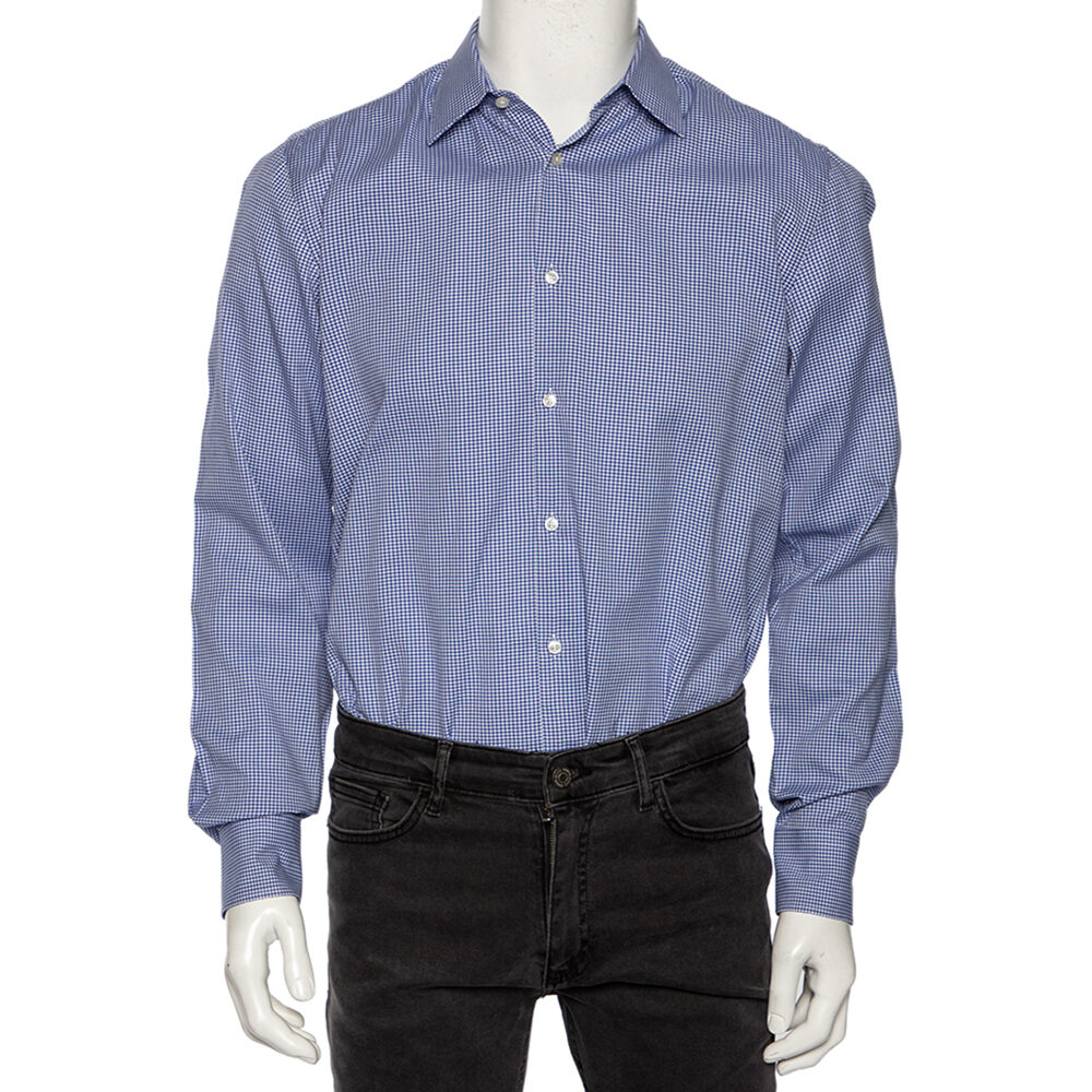 Boss By Hugo Boss Blue Check Cotton Button Front Slim Fit Shirt M Boss By Hugo Boss Blue Check Cotton Button Front Slim Fit Shirt M