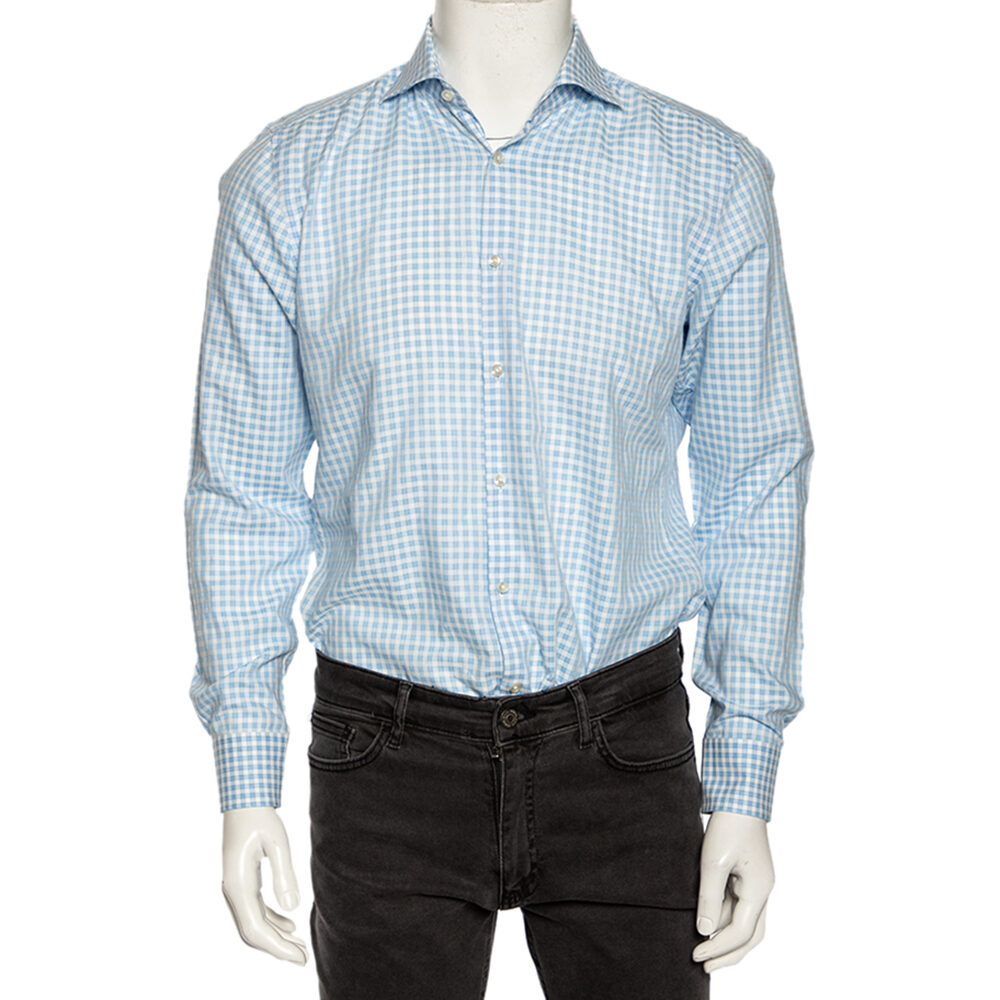 Boss Hugo Boss Blue Checkered Cotton Slim Fit Shirt M Boss Hugo Boss Blue Checkered Cotton Slim Fit Shirt M
