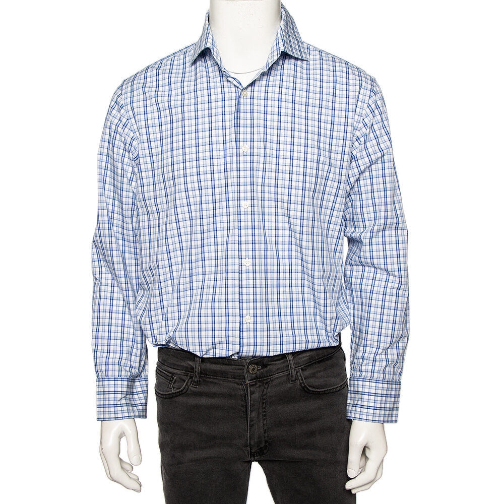 Boss By Hugo Boss Blue Checkered Cotton Button Front Regular Fit Shirt XL Boss By Hugo Boss Blue Checkered Cotton Button Front Regular Fit Shirt XL