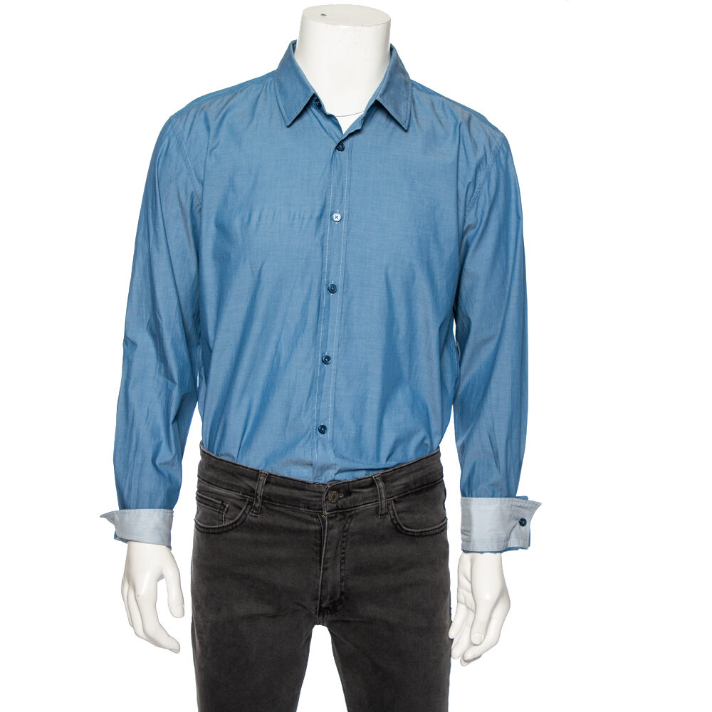 Boss By Hugo Boss Blue Cotton Button Front Slim Fit Stretch Shirt XL Boss By Hugo Boss Blue Cotton Button Front Slim Fit Stretch Shirt XL