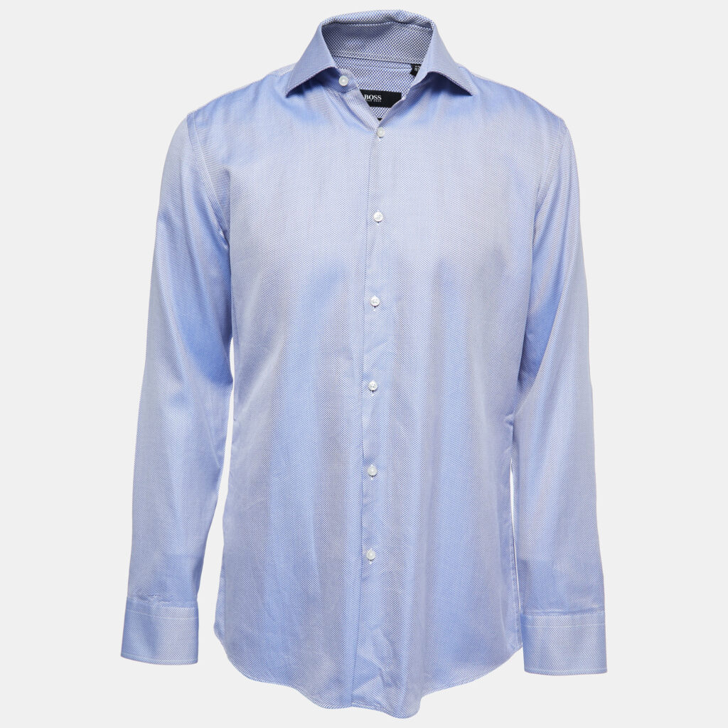 Boss By Hugo Boss Blue Patterned Cotton Slim Fit Full Sleeve Shirt XL Boss By Hugo Boss Blue Patterned Cotton Slim Fit Full Sleeve Shirt XL