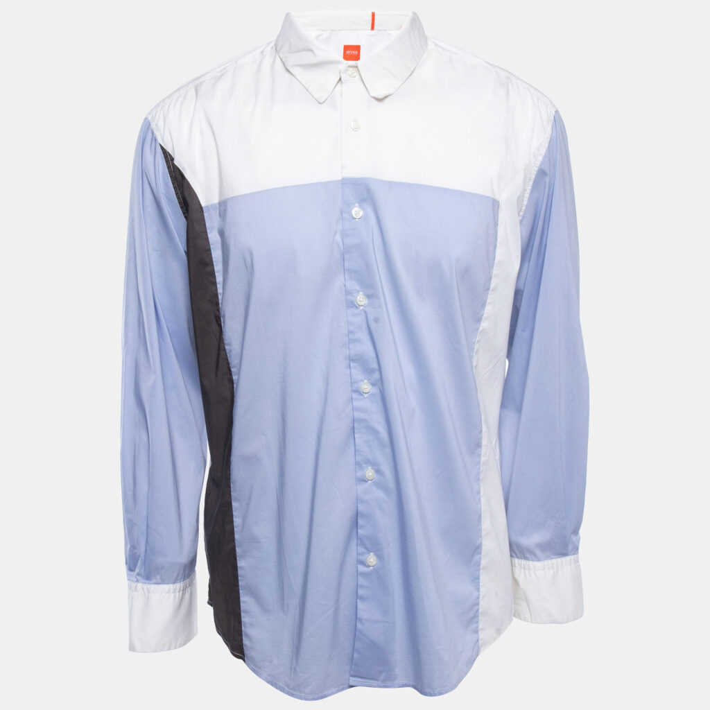 Boss Orange By Hugo Boss White/Blue Cotton Blend Button Front Full Sleeve Shirt XXL