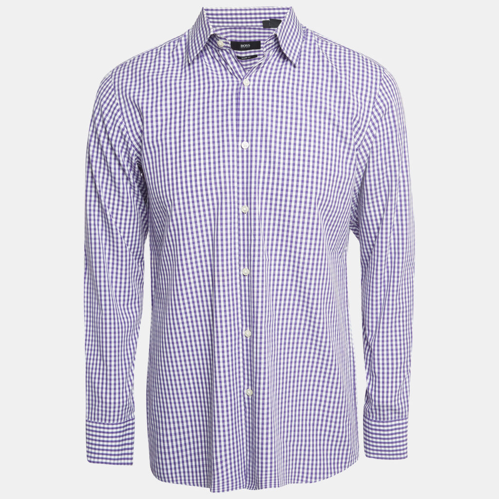 Boss By Hugo Boss Purple Gingham Check Cotton Sharp Fit Shirt M Boss By Hugo Boss Purple Gingham Check Cotton Sharp Fit Shirt M