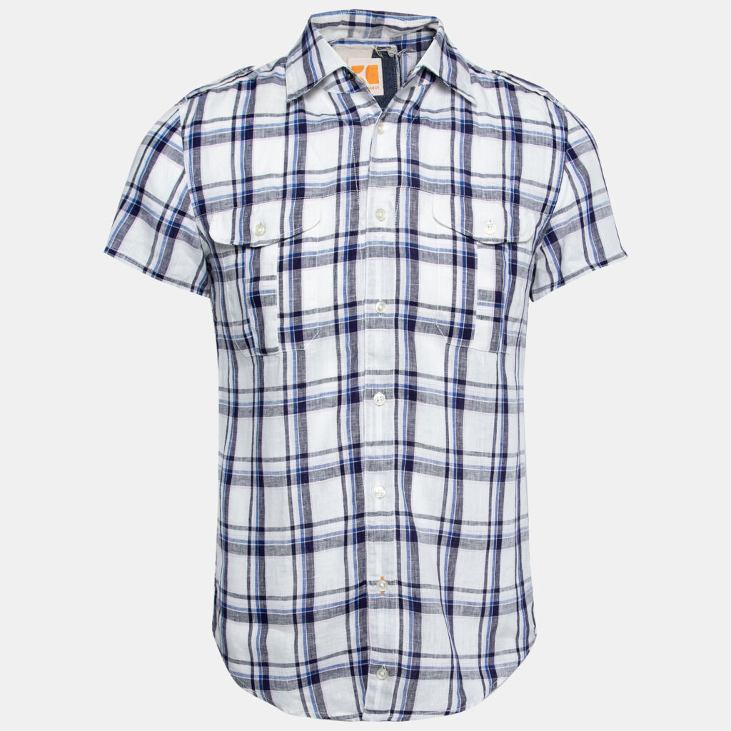Boss Orange by Hugo Boss White and Blue Check Print Linen Short Sleeves Shirt S Boss Orange by Hugo Boss White and Blue Check Print Linen Short Sleeves Shirt S