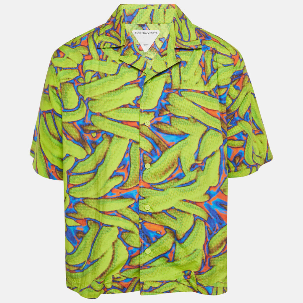 Bottega Veneta Neon Green Printed Synthetic Short Sleeve Shirt L