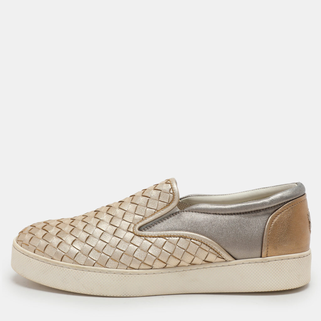 Bottega Veneta Gold/Silver Intrecciato Leather Dodger Slip On Sneakers Size 40 Bottega Veneta Gold/Silver Intrecciato Leather Dodger Slip On Sneakers Size 40
