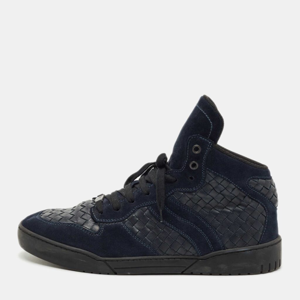 Bottega Veneta Navy Blue Suede and Intrecciato Leather High Top Sneakers Size 43 Bottega Veneta Navy Blue Suede and Intrecciato Leather High Top Sneakers Size 43