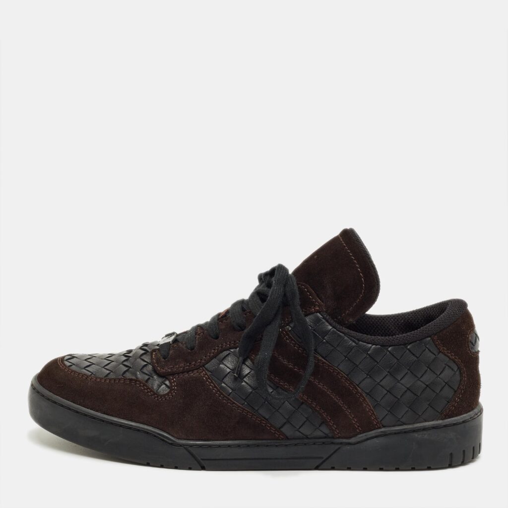 Bottega Veneta Black/Dark Brown Suede and Woven Leather Intrecciato Lace Up Sneakers Size 43