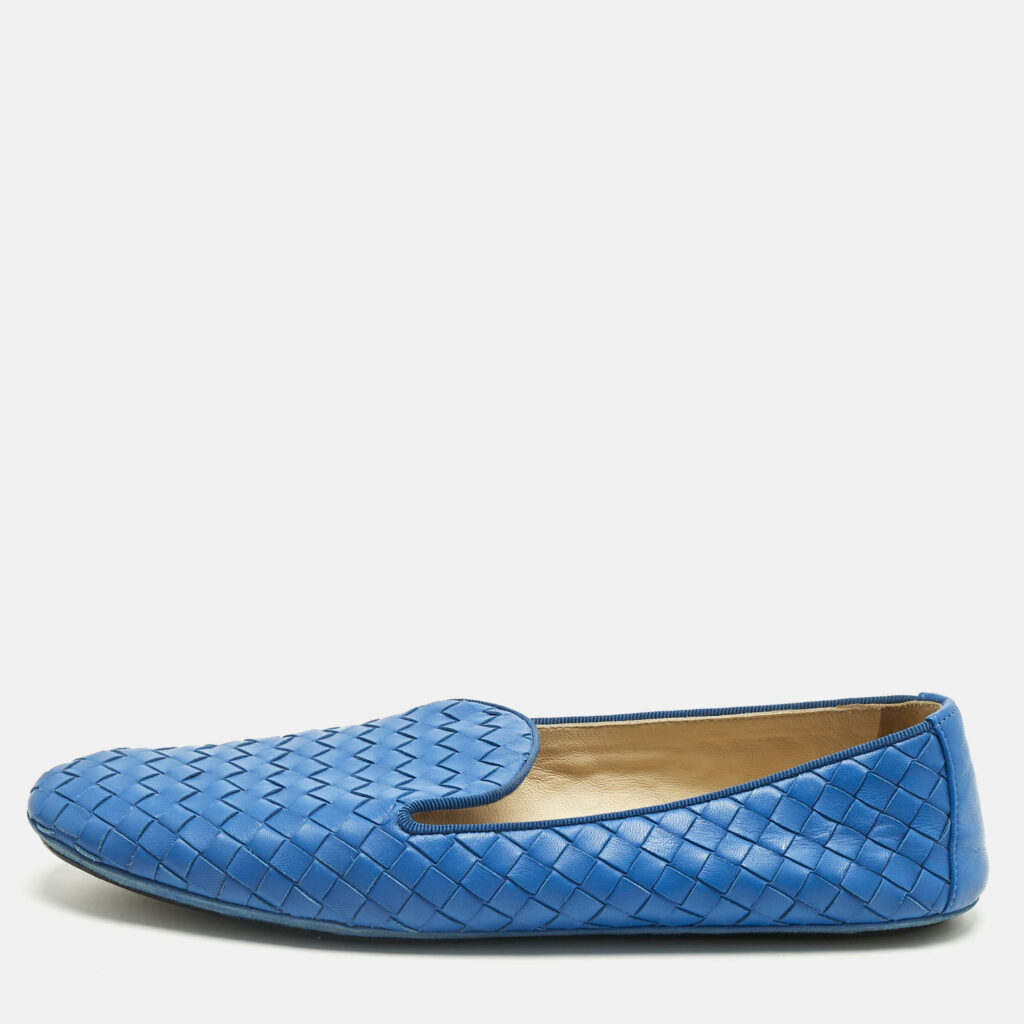 Bottega Veneta Blue Leather Intrecciato Smoking Slippers Size 40