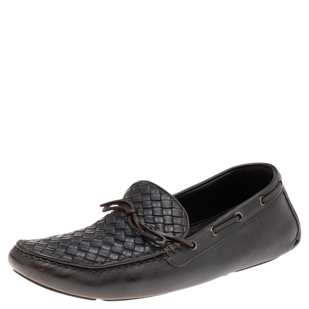 Bottega Veneta Dark Brown Intrecciato Leather Bow Slip On Loafers Size 45