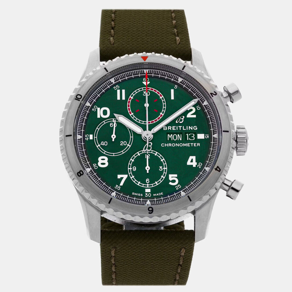 Pre-Owned Breitling Aviator 8 Chronograph Curtiss Warhawk A133161A1L1X2 Green Automatic Stainless Steel Men's Wristwatch 43 MM Pre-Owned Breitling Aviator 8 Chronograph Curtiss Warhawk A133161A1L1X2 Green Automatic Stainless Steel Men's Wristwatch 43 MM