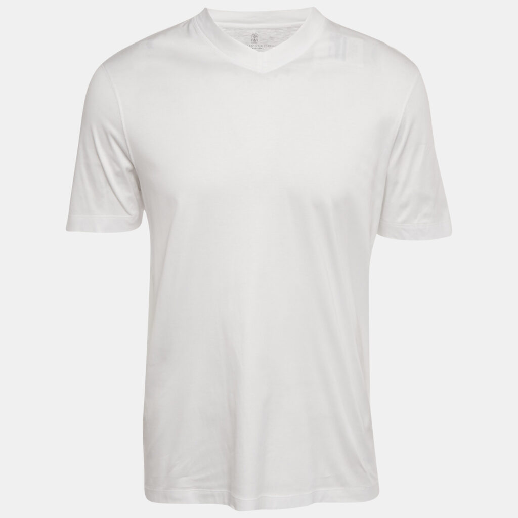 Brunello Cucinelli White Cotton Jersey V Neck T-Shirt M