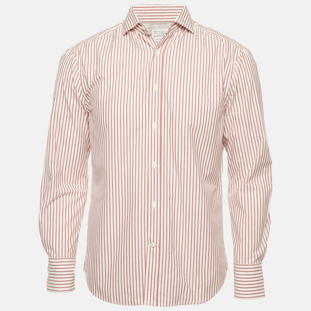 Brunello Cucinelli Red/White Striped Cotton Slim Fit Shirt M Brunello Cucinelli Red/White Striped Cotton Slim Fit Shirt M