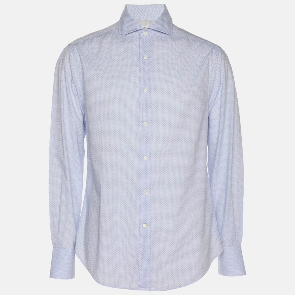 Brunello Cucinelli Light Blue Dotted Print Cotton Long Sleeve Slim Fit Shirt S