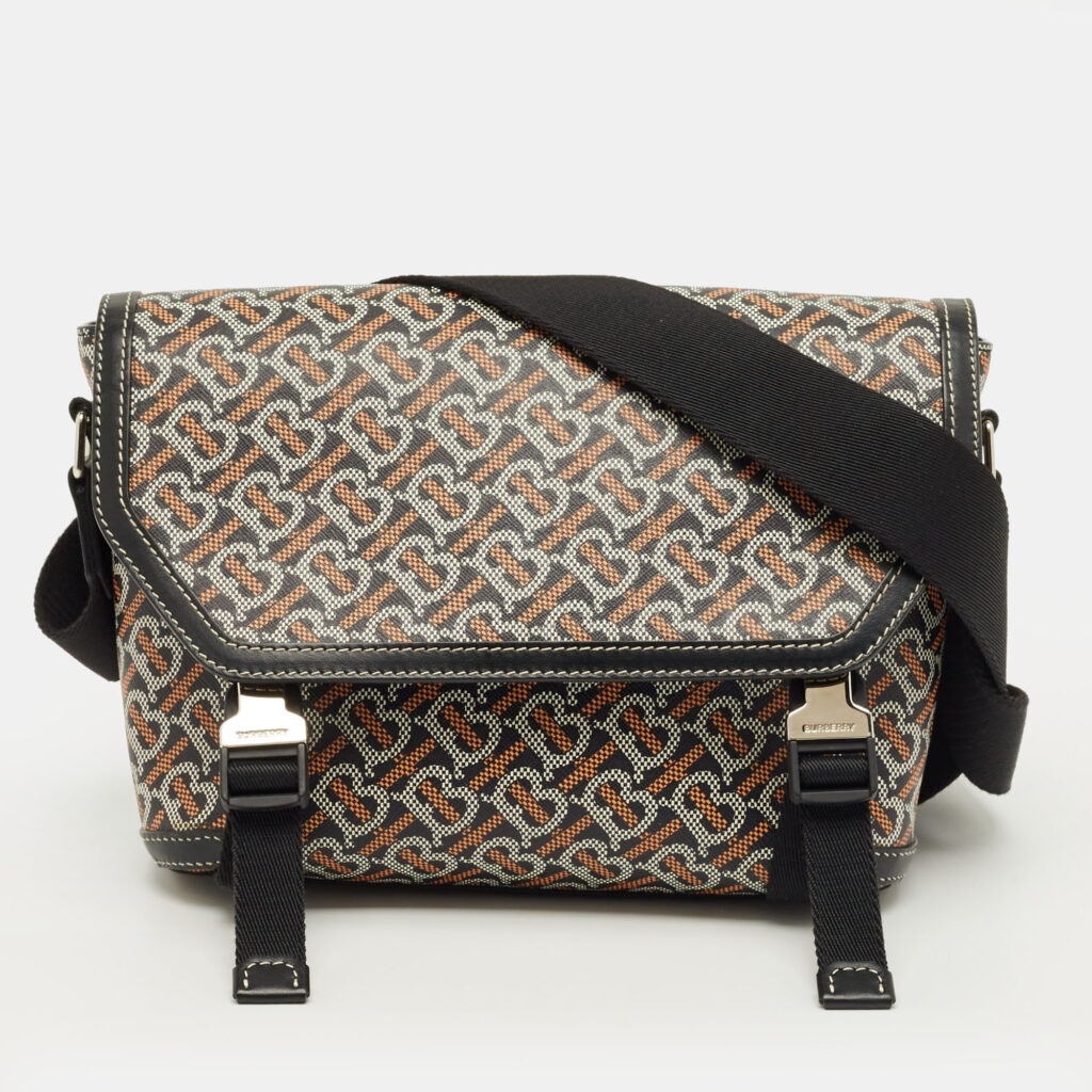 Burberry Black/Brown TB Monogram Coated Canvas and Leather Messenger Bag Burberry Black/Brown TB Monogram Coated Canvas and Leather Messenger Bag
