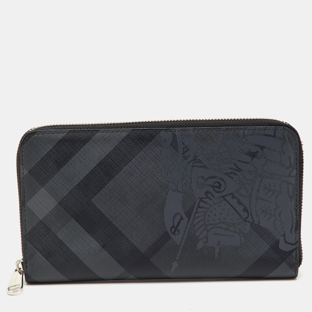 Burberry Black/Grey Coated Canvas Check Logo Print Zip Around Wallet Burberry Black/Grey Coated Canvas Check Logo Print Zip Around Wallet