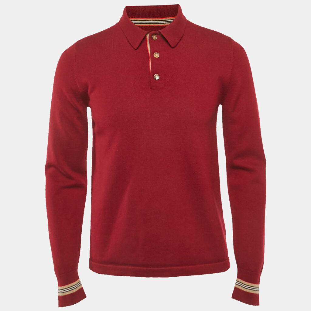 Burberry Dark Red Wool Knit Long Sleeve Polo T-Shirt XS Burberry Dark Red Wool Knit Long Sleeve Polo T-Shirt XS