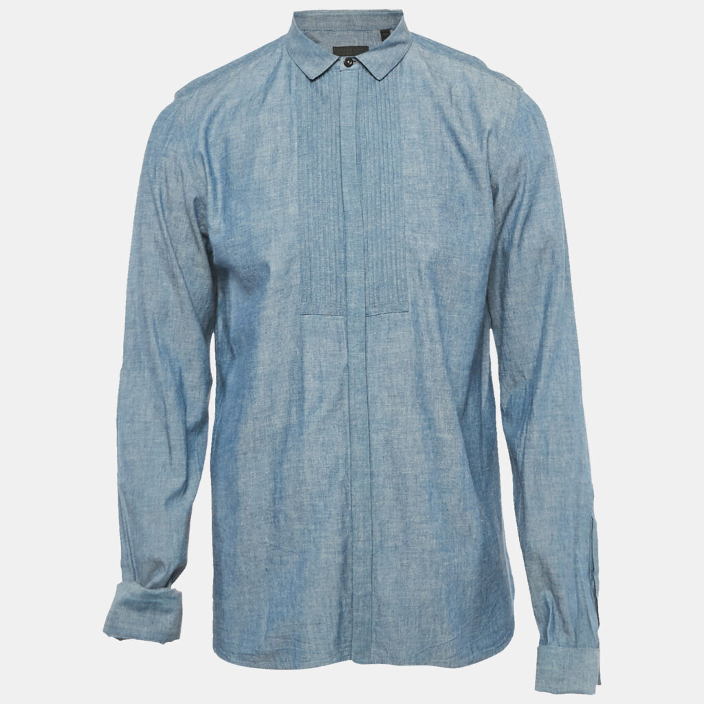 Burberry Blue Pintucks Chambray Double Cuff Shirt XL