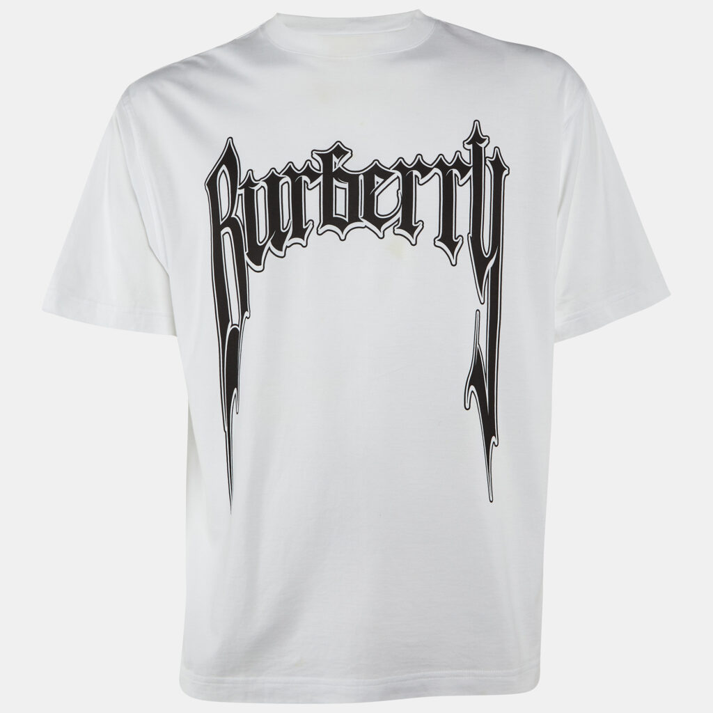 Burberry Off White/Black Printed Cotton Crew Neck T Shirt XS