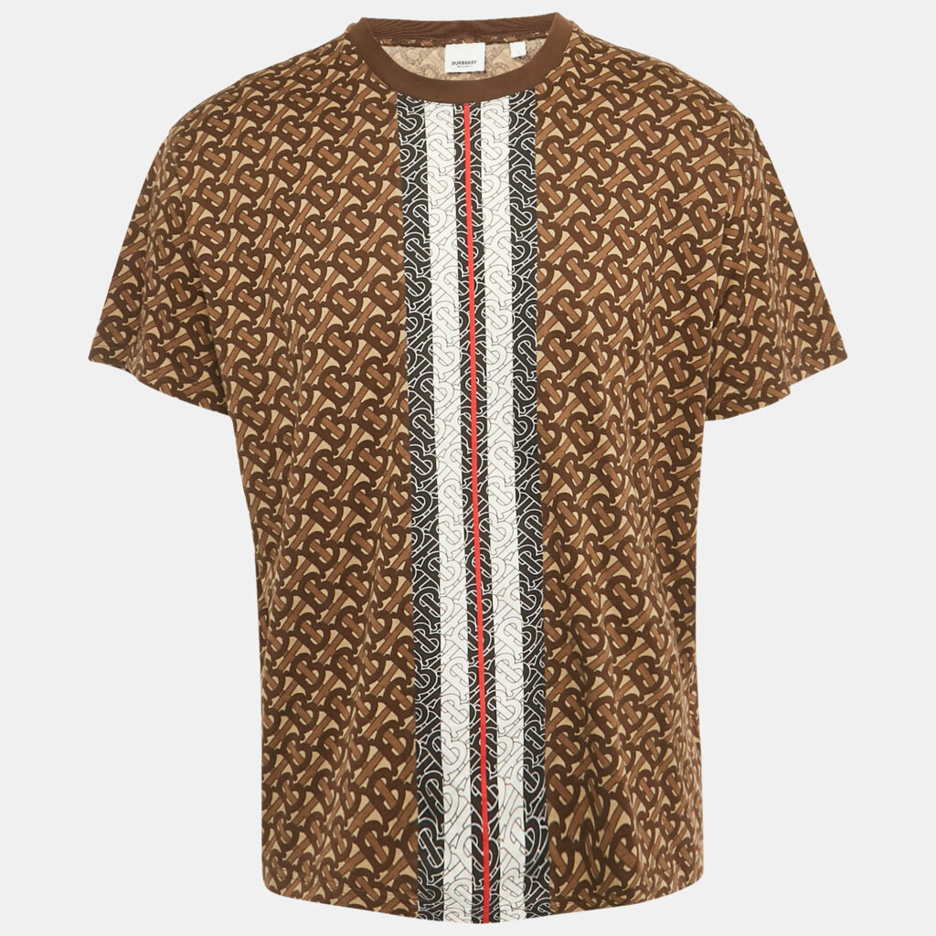 Burberry Brown TB Monogram Striped Cotton Crew Neck T-Shirt L Burberry Brown TB Monogram Striped Cotton Crew Neck T-Shirt L