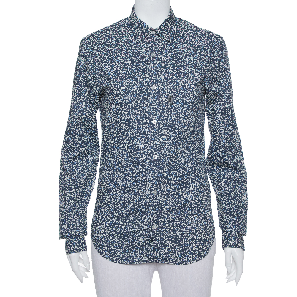 Burberry Brit Navy Blue Printed Cotton Button Front Shirt XS