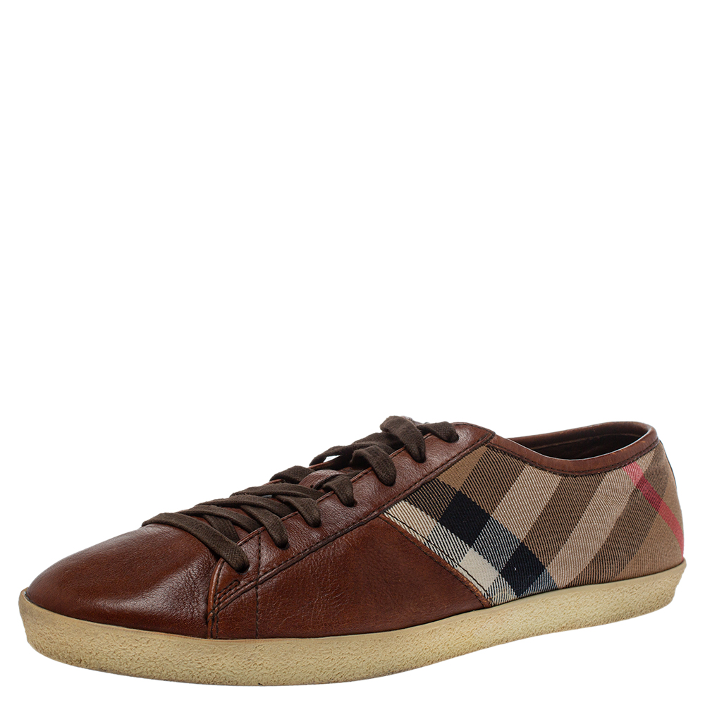 Burberry Brown Leather And Nova Check Canvas Low Top Sneakers Size 43 Burberry Brown Leather And Nova Check Canvas Low Top Sneakers Size 43