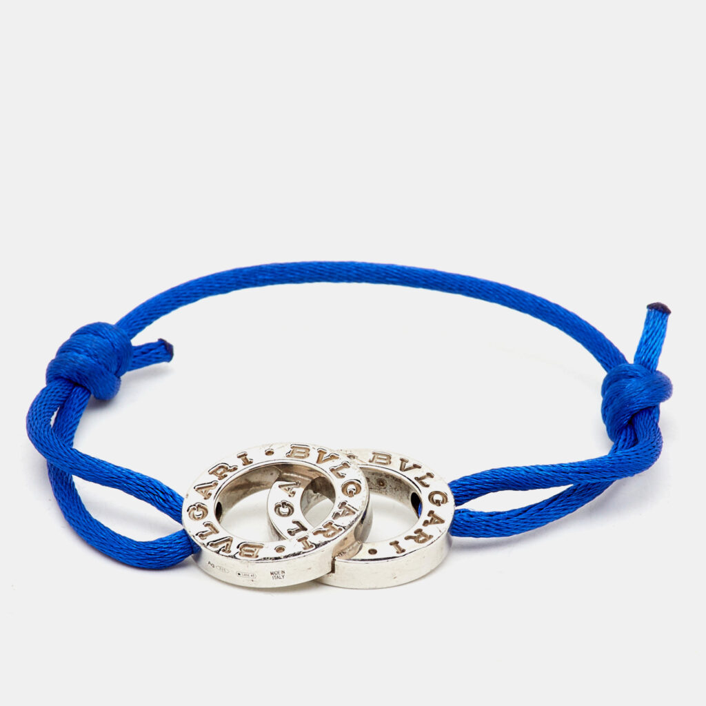 Bvlgari Fortuna Interlocking Circles Sterling Silver Blue Cord Adjustable Bracelet