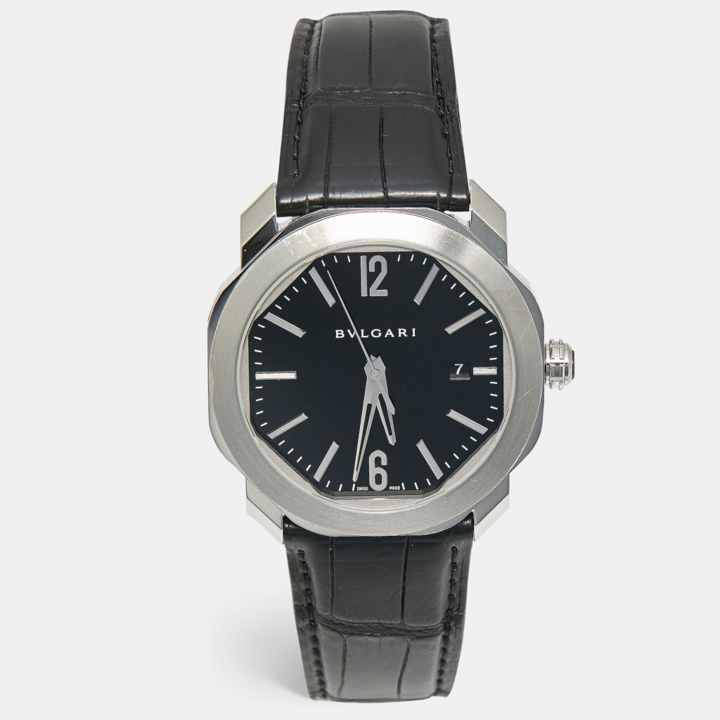 Bvlgari Black Stainless Steel Alligator Octo Roma 103084 Men's Wristwatch 41 mm Bvlgari Black Stainless Steel Alligator Octo Roma 103084 Men's Wristwatch 41 mm