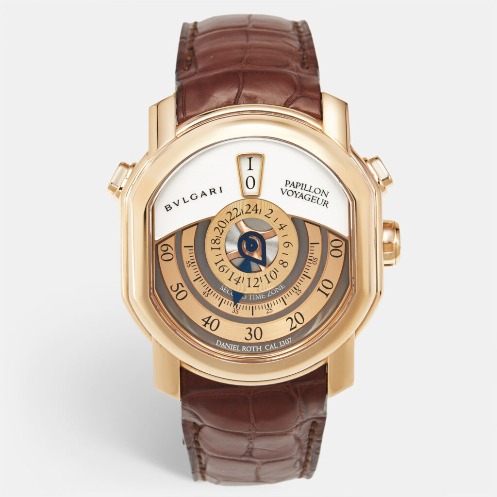 Bvlgari Daniel Roth Papillon Voyageur Limited Edition GMT 101835 White Dial 18K Rose Gold Alligator Leather Men's Wristwatch 43 mm Bvlgari Daniel Roth Papillon Voyageur Limited Edition GMT 101835 White Dial 18K Rose Gold Alligator Leather Men's Wristwatch 43 mm