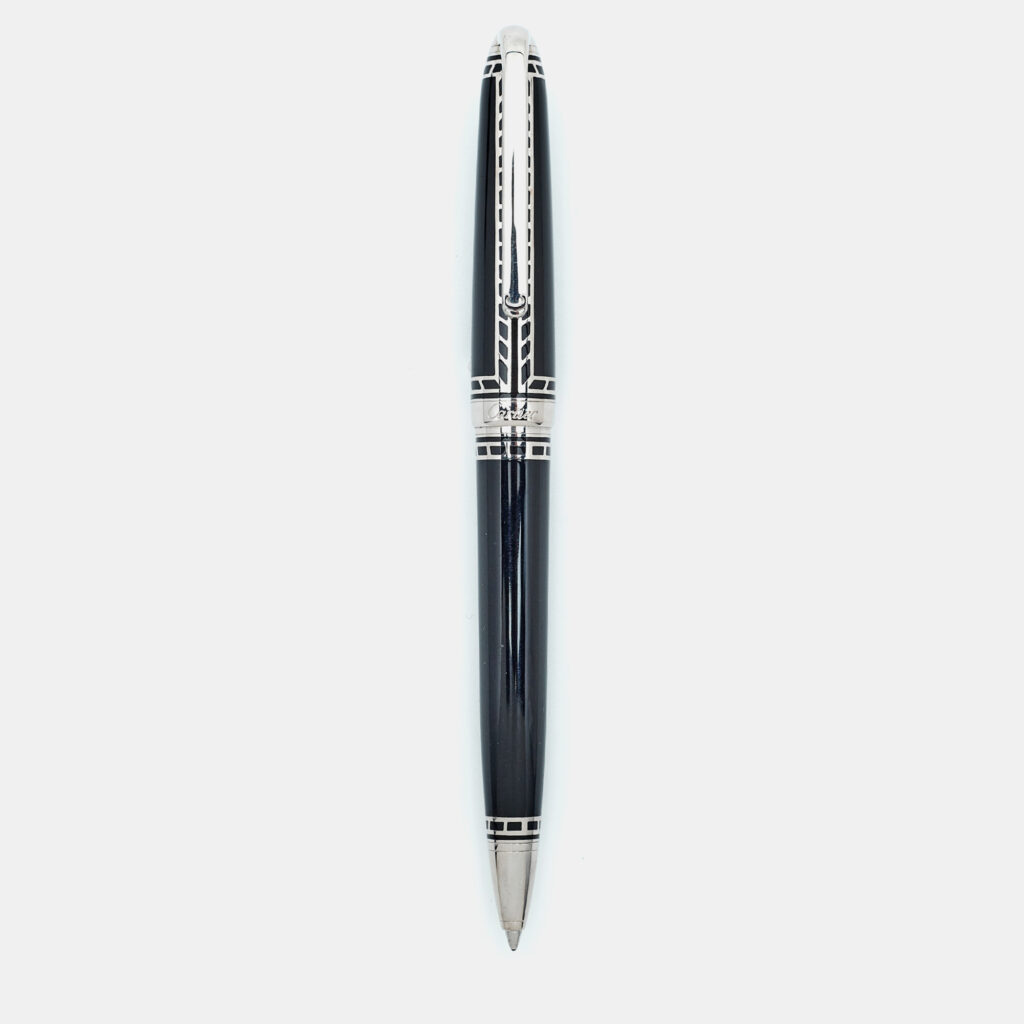 Cartier Limited Edition Railroad Decor Black Enamel Silver Tone Ball Point Pen