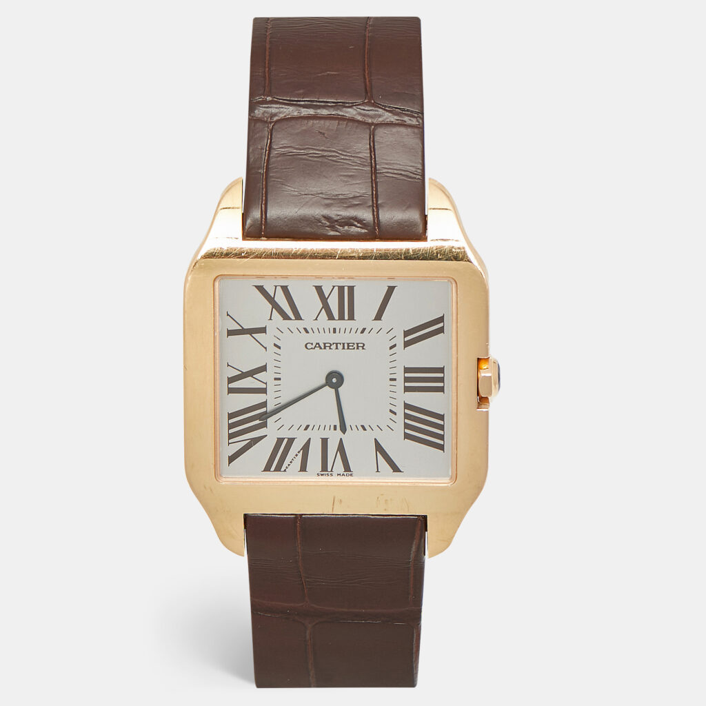 luxury-men-cartier-used-watches-p1231692-008.jpg Cartier Santos Dumont W2006951 Manual Winding Silver Dial 18K Rose Gold Alligator Leather Men's Wristwatch 35 mm